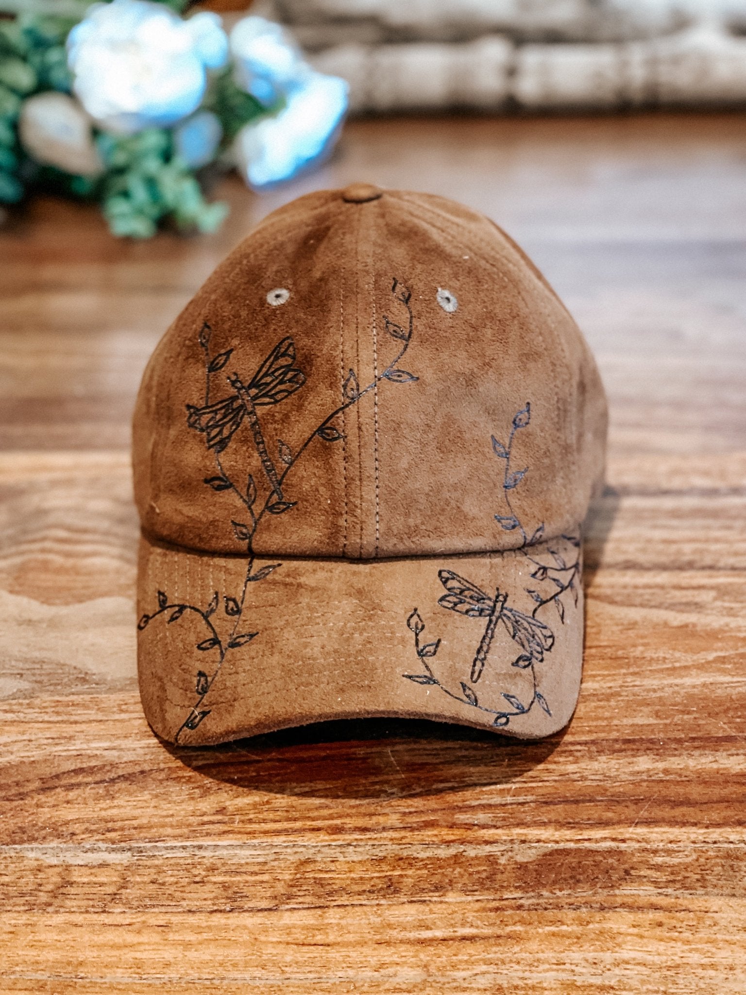 Dragonfly baseball hat shown in brown