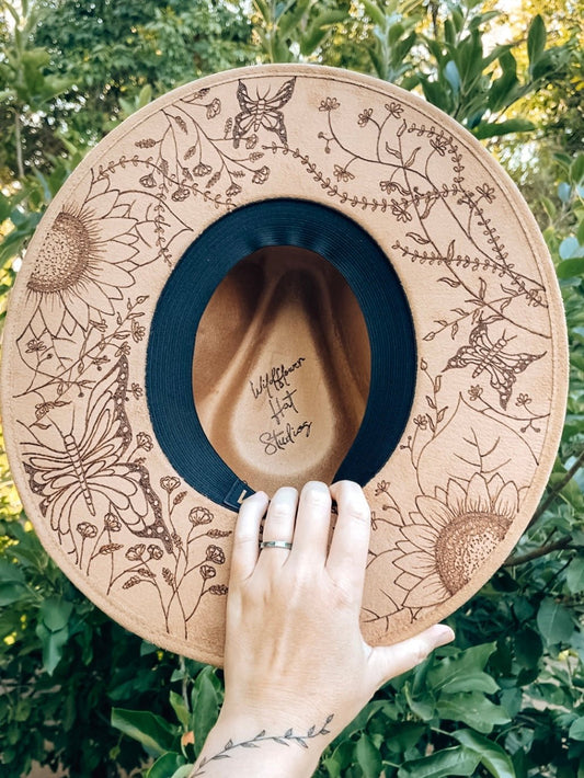 “Secret Garden” – Hand Drawn Butterflies, Sunflowers, & Vines on Boho Fedora