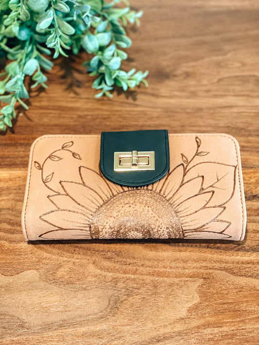 "Golden Bloom" – Sunflower Wallet Purse with Gold Chain (Convertible Crossbody or Clutch)