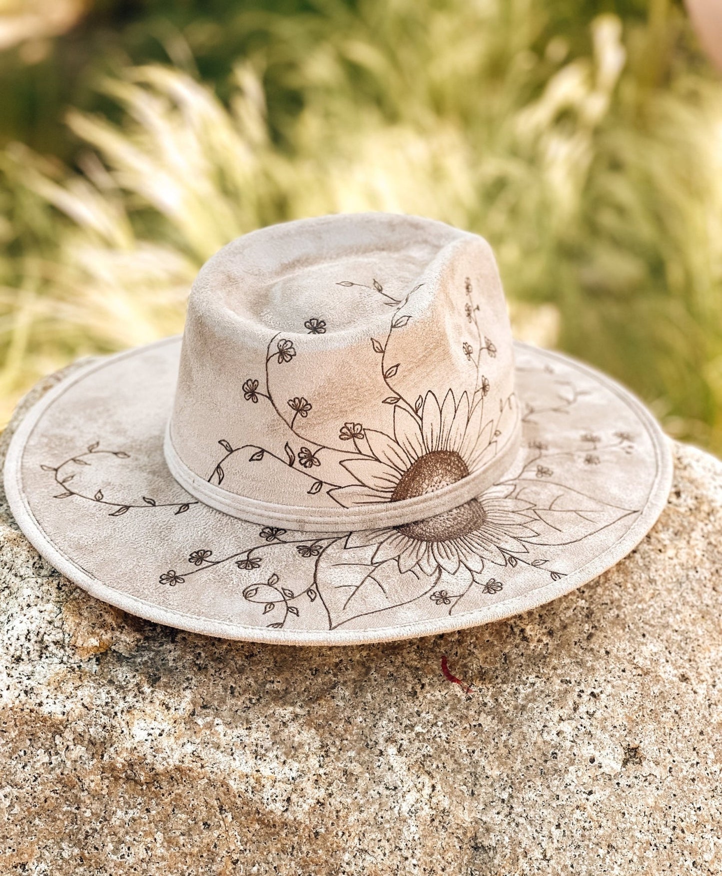 "Sunflower in Bloom" Rustic Fedora with Sunflower & Wildflower Art