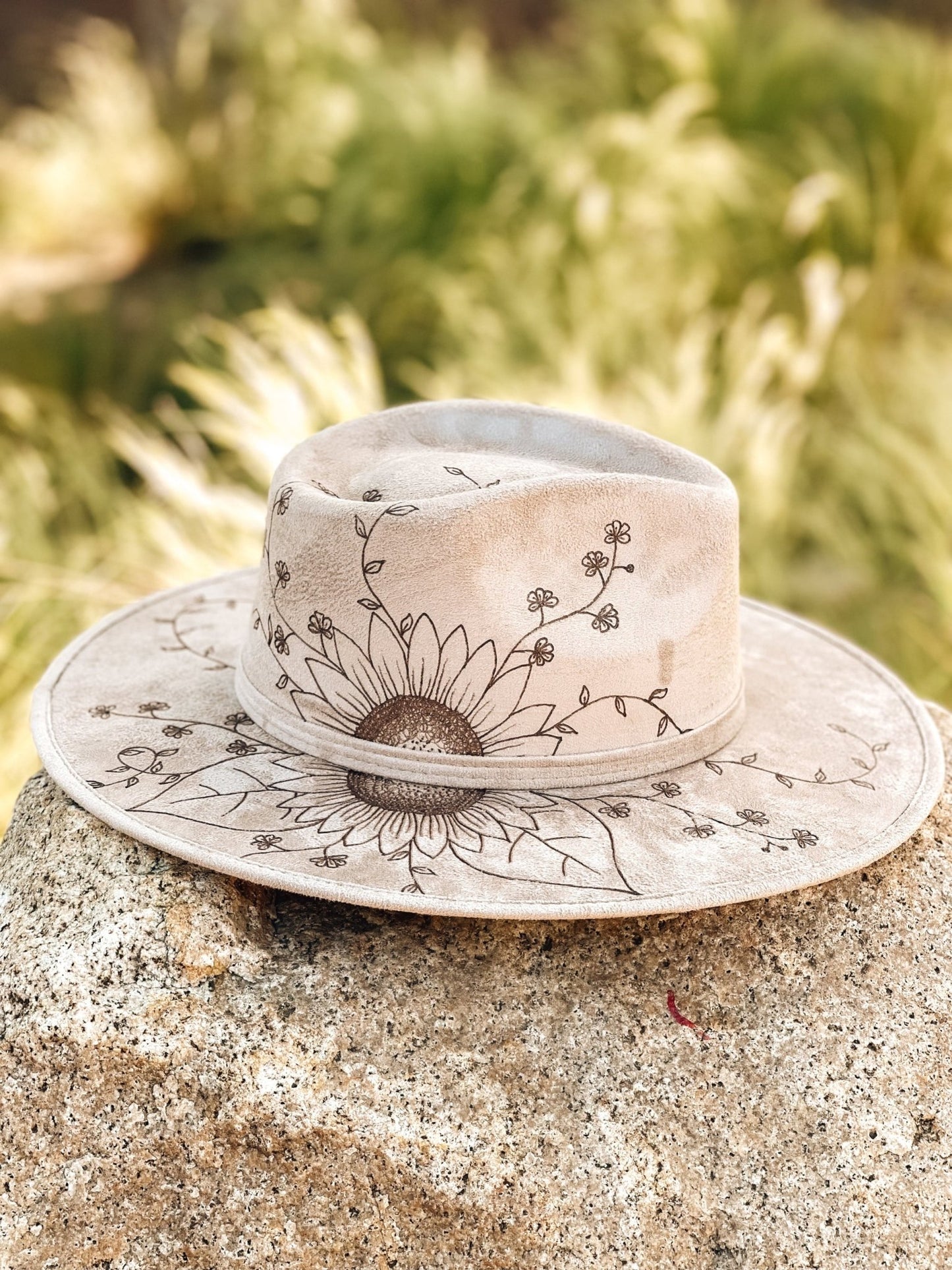 "Sunflower in Bloom" Rustic Fedora with Sunflower & Wildflower Art
