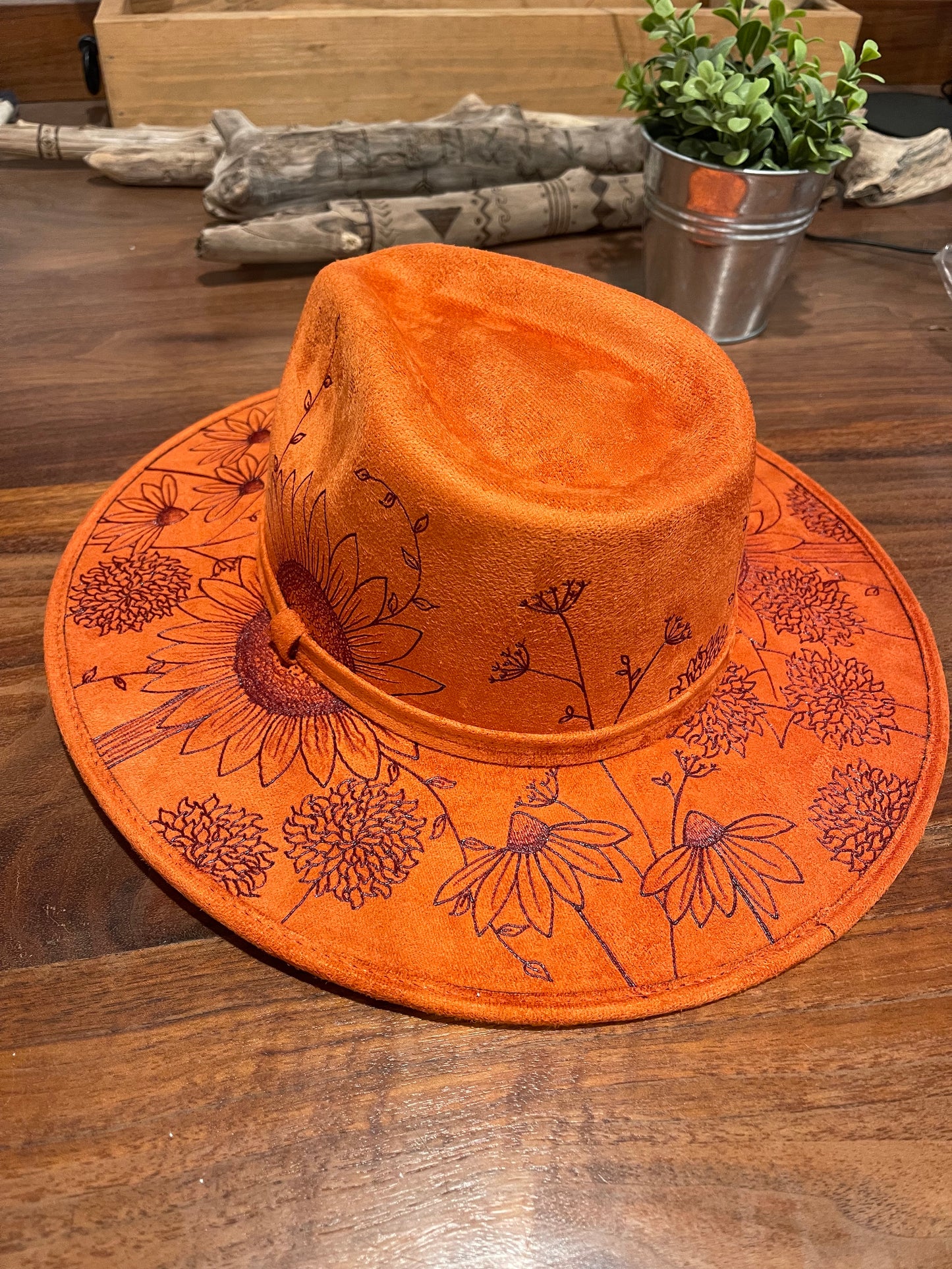 Boho Style Fedora Hat - Orange Wildflower (Rusty Orange, M)