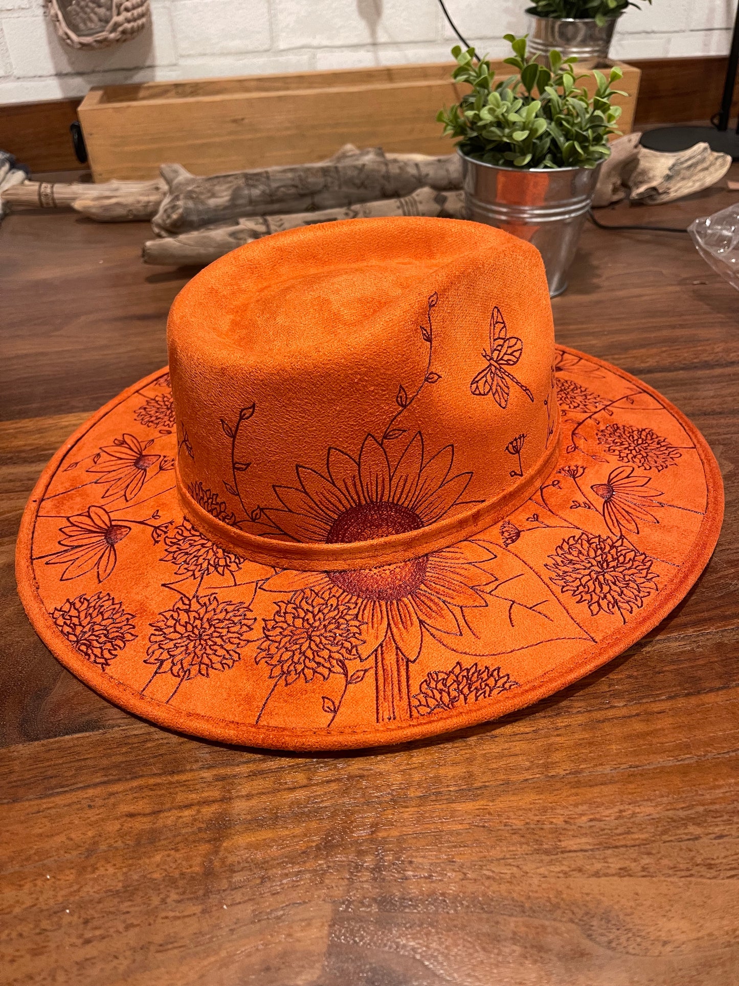 Boho Style Fedora Hat - Orange Wildflower (Rusty Orange, M)