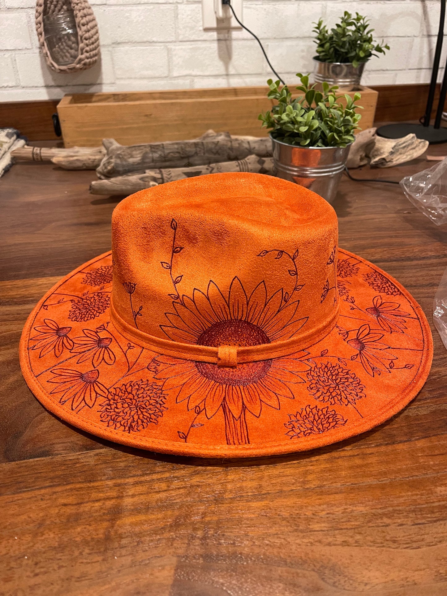 Boho Style Fedora Hat - Orange Wildflower (Rusty Orange, M)