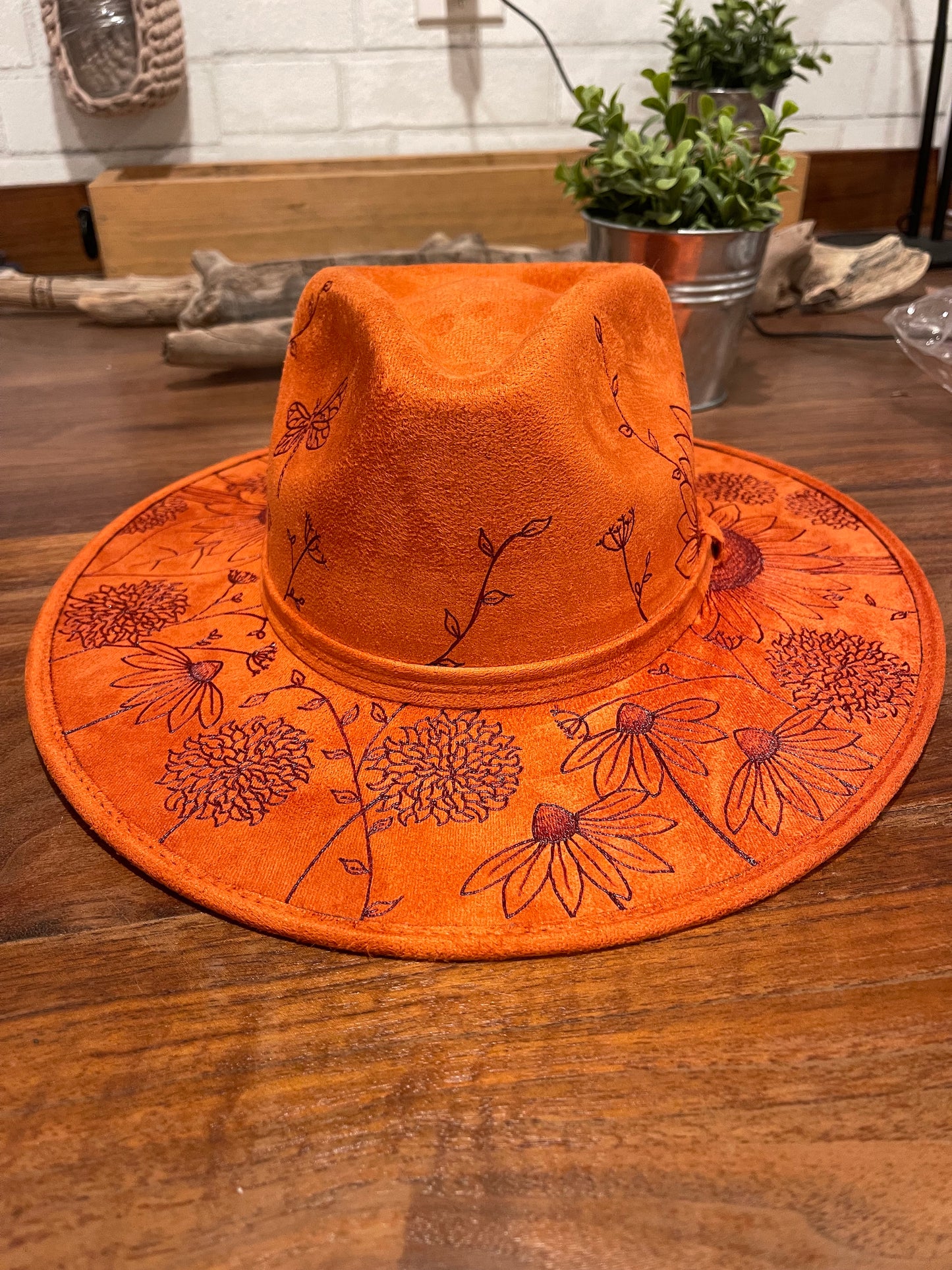 Boho Style Fedora Hat - Orange Wildflower (Rusty Orange, M)