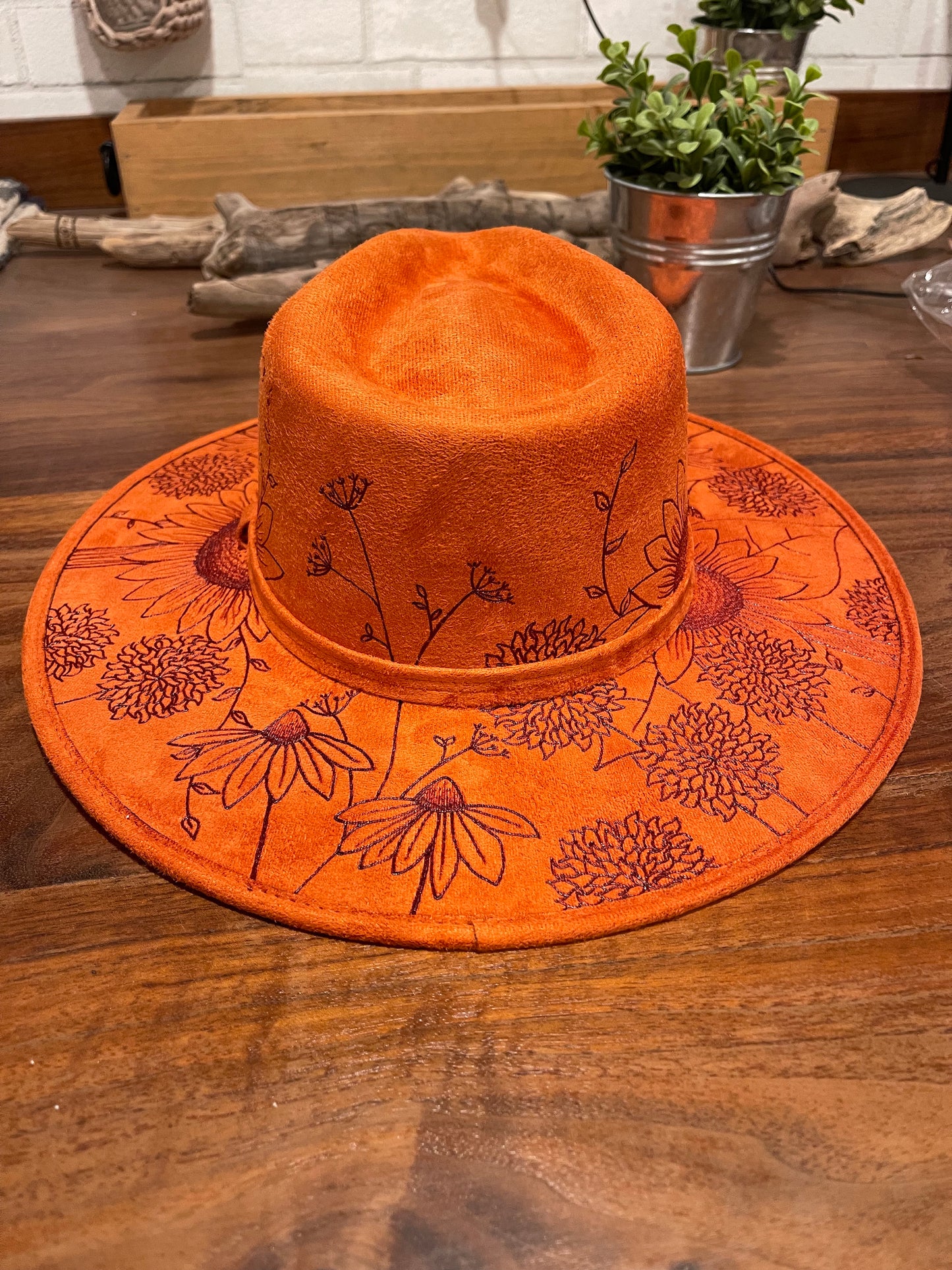 Boho Style Fedora Hat - Orange Wildflower (Rusty Orange, M)