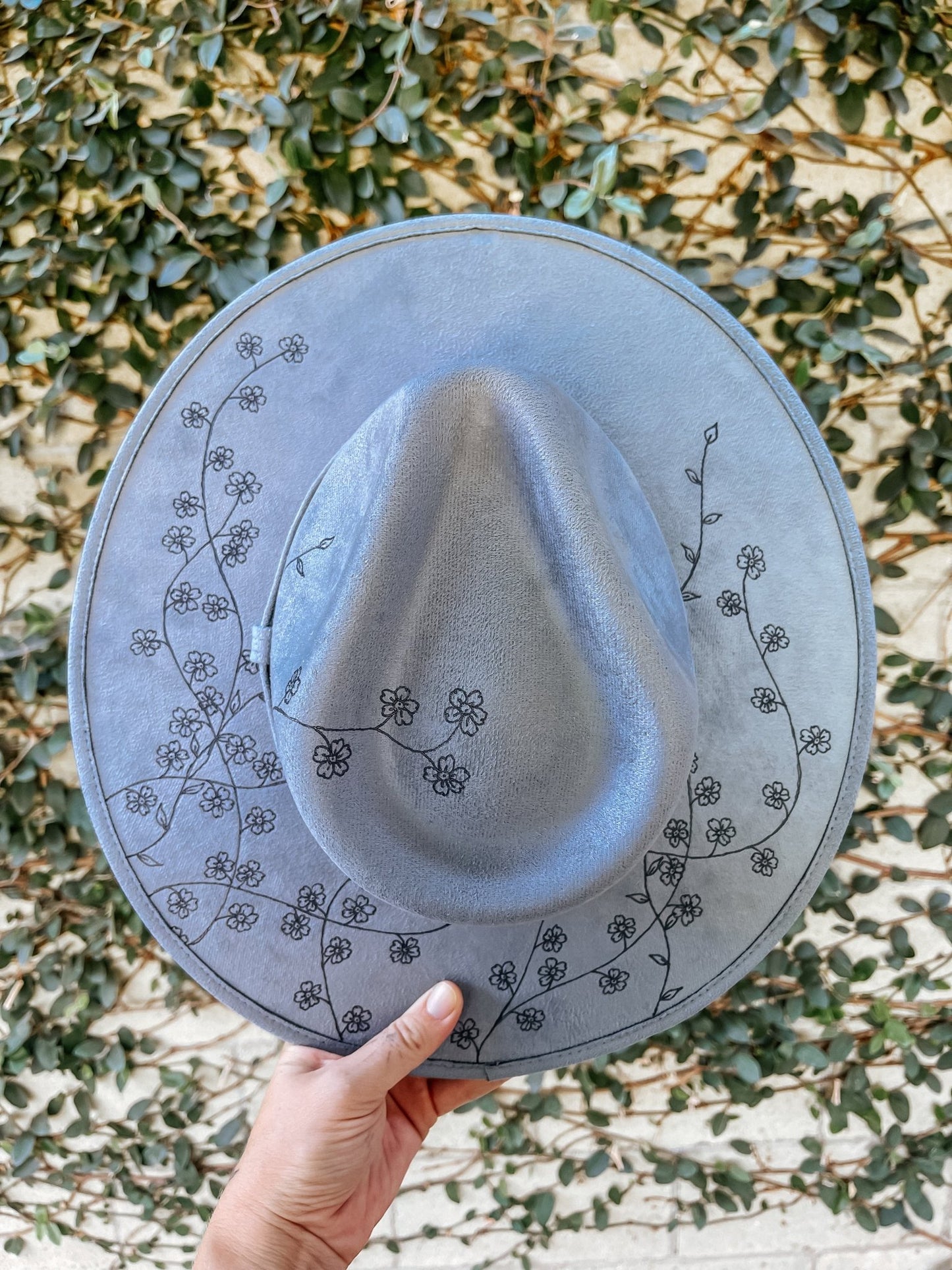 "Forget Me Not" – Hand-Drawn Blue Wide Brim Fedora with Forget-Me-Not Flowers