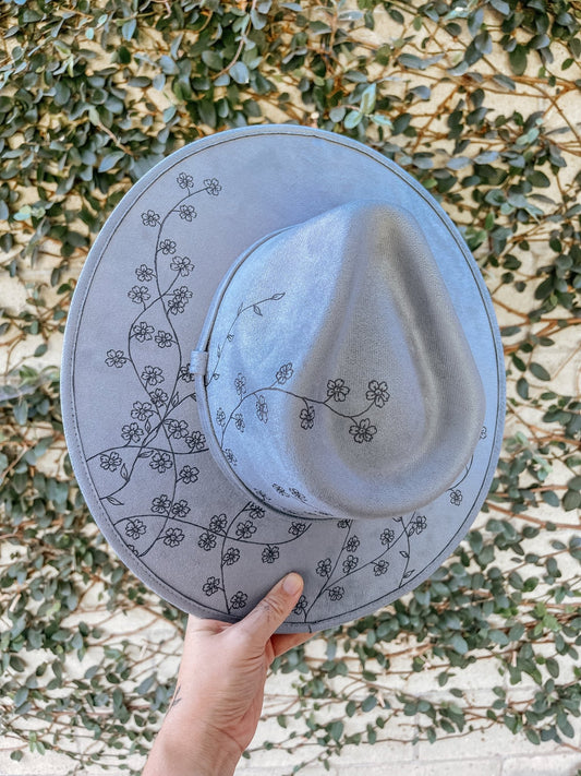 "Forget Me Not" – Hand-Drawn Blue Wide Brim Fedora with Forget-Me-Not Flowers