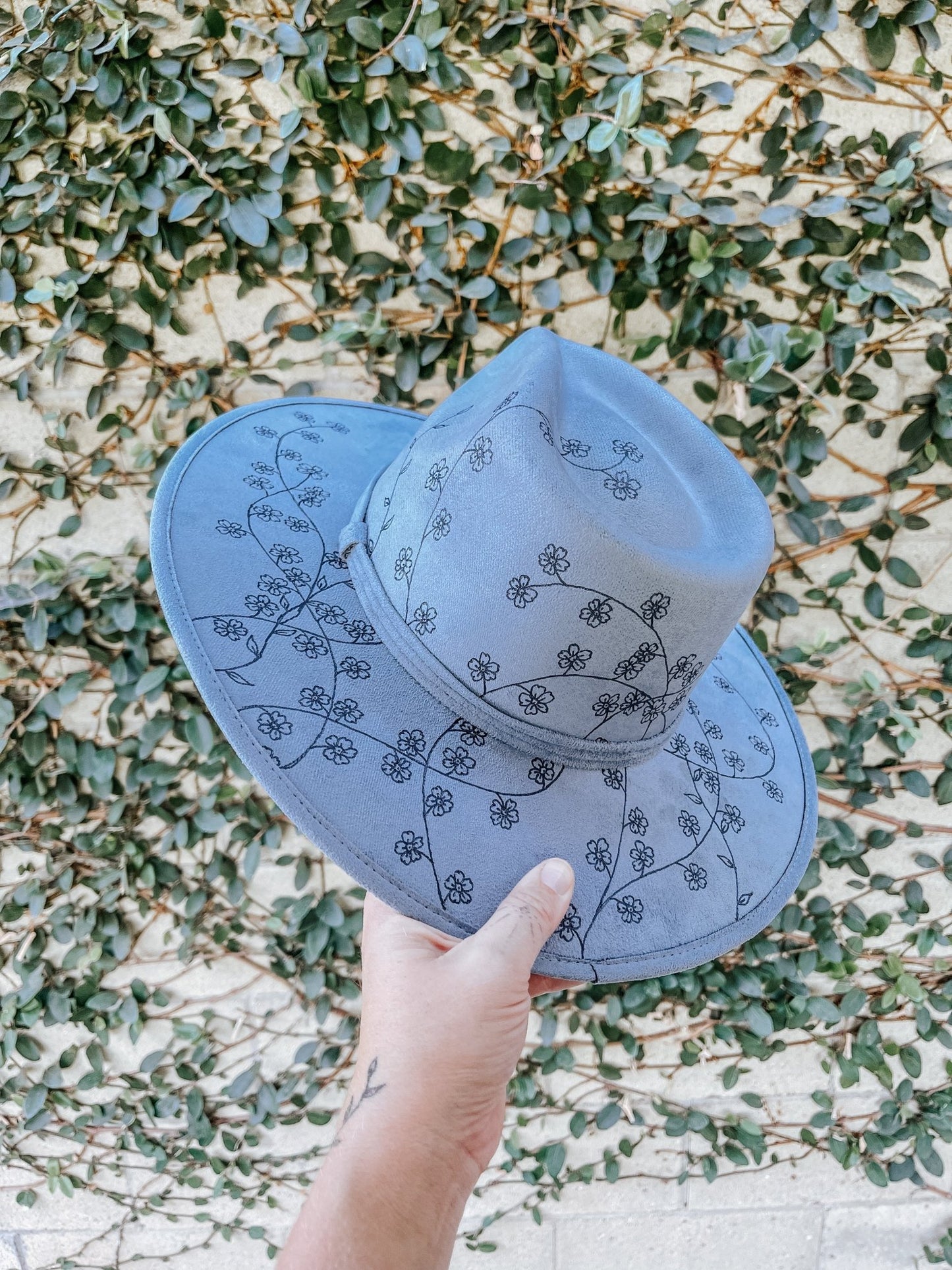 "Forget Me Not" – Hand-Drawn Blue Wide Brim Fedora with Forget-Me-Not Flowers