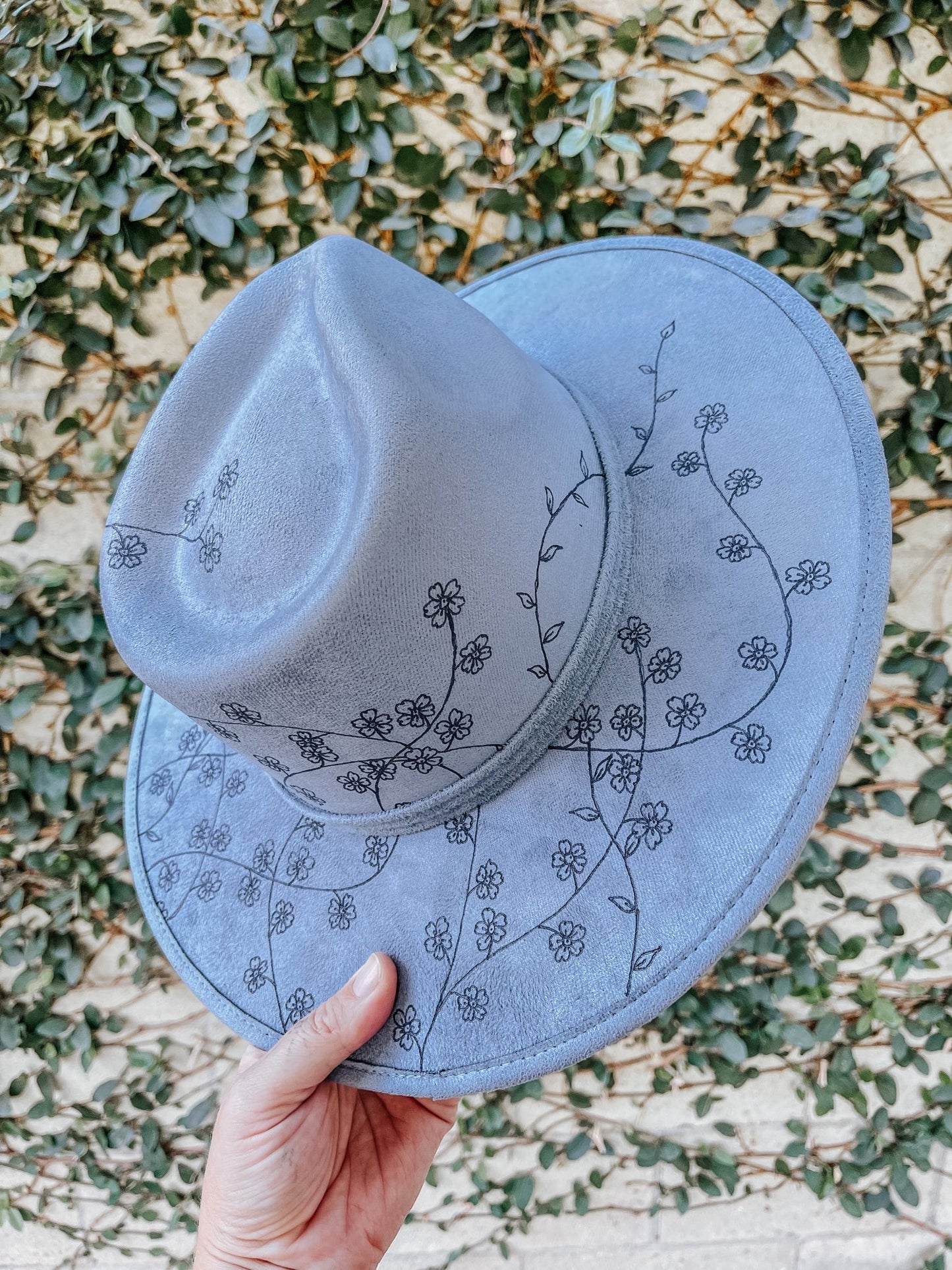 "Forget Me Not" – Hand-Drawn Blue Wide Brim Fedora with Forget-Me-Not Flowers