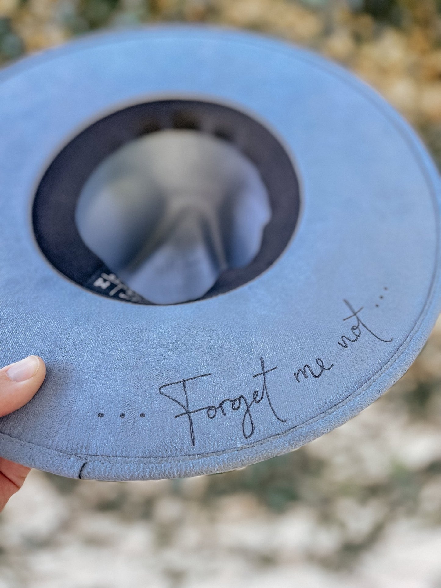 "Forget Me Not" – Hand-Drawn Blue Wide Brim Fedora with Forget-Me-Not Flowers
