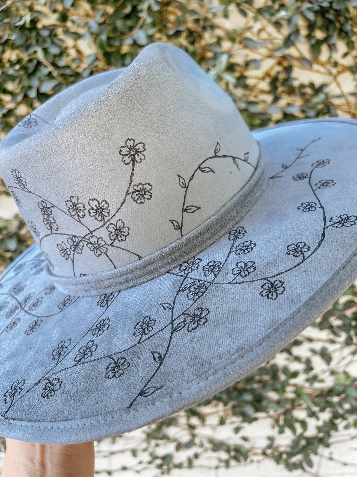 "Forget Me Not" – Hand-Drawn Blue Wide Brim Fedora with Forget-Me-Not Flowers