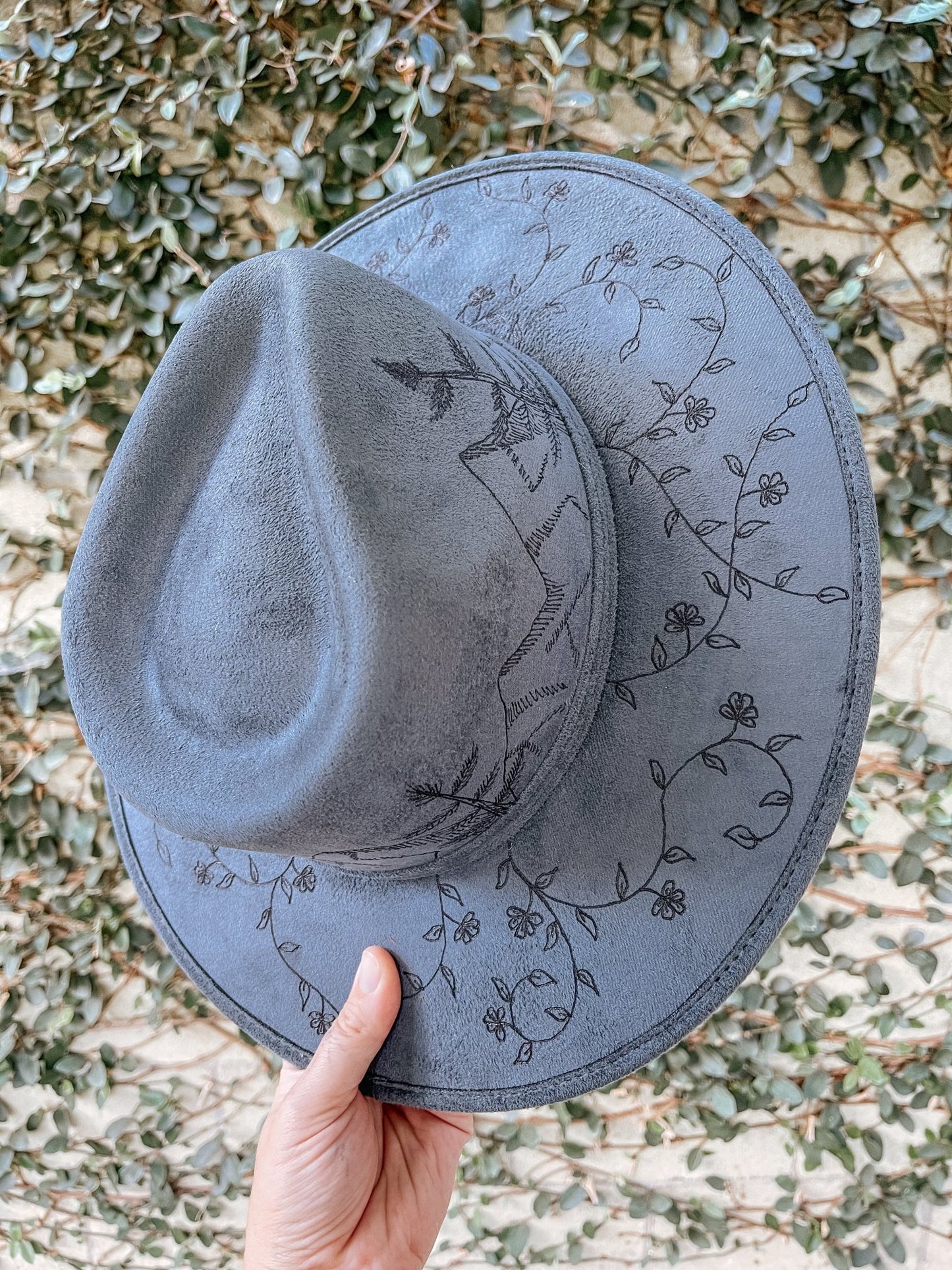 "Wanderer’s Peak" – Hand-Drawn Denim Blue Fedora with Mountain and Wildflower Design