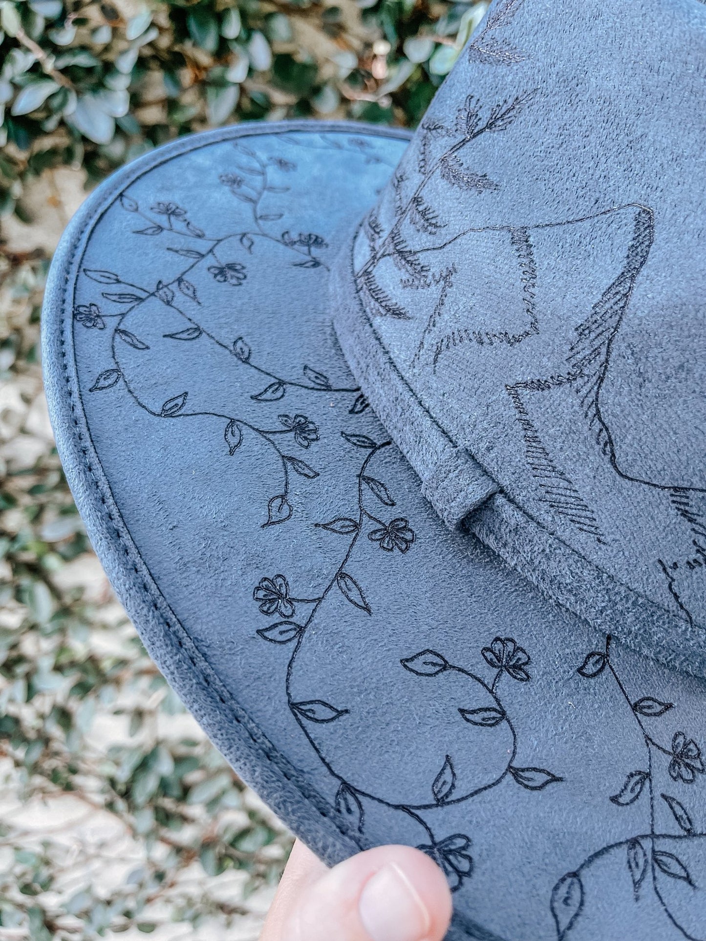 "Wanderer’s Peak" – Hand-Drawn Denim Blue Fedora with Mountain and Wildflower Design