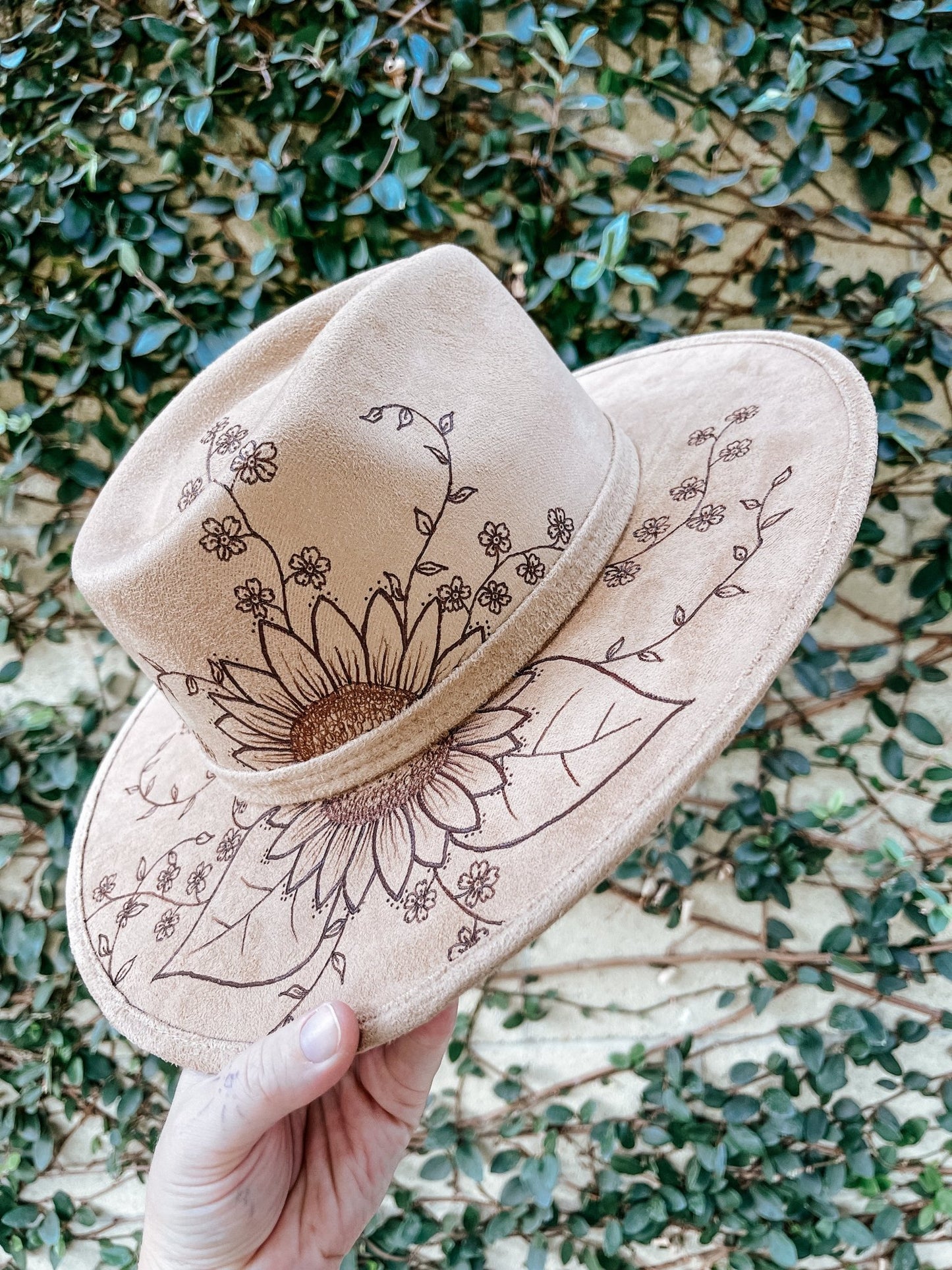“Sunflower Dreams” – Light Tan Boho Fedora with Hand-Drawn Florals