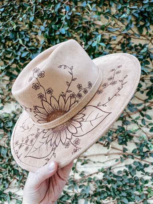 “Sunflower Dreams” – Light Tan Boho Fedora with Hand-Drawn Florals