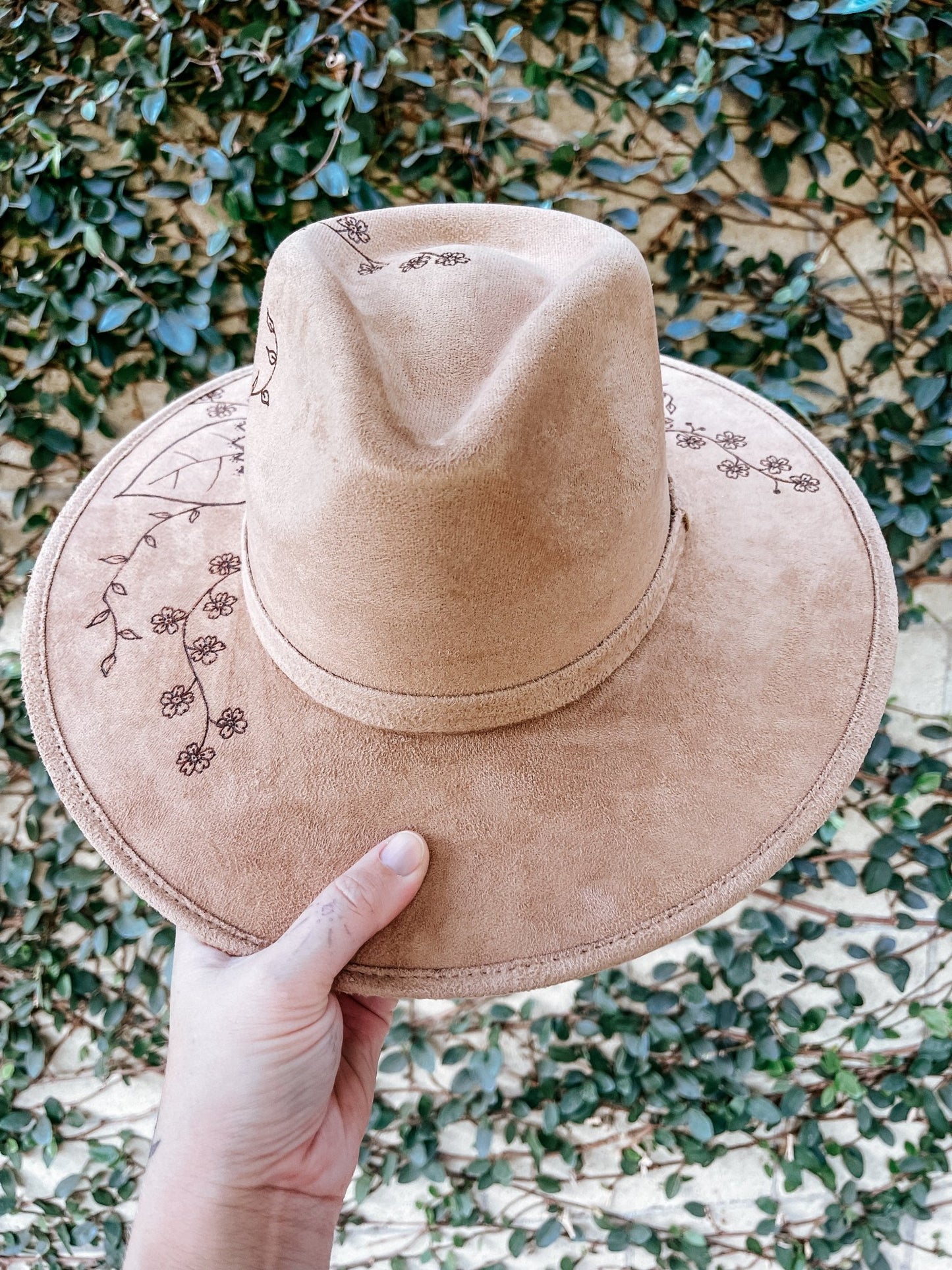 “Sunflower Dreams” – Light Tan Boho Fedora with Hand-Drawn Florals