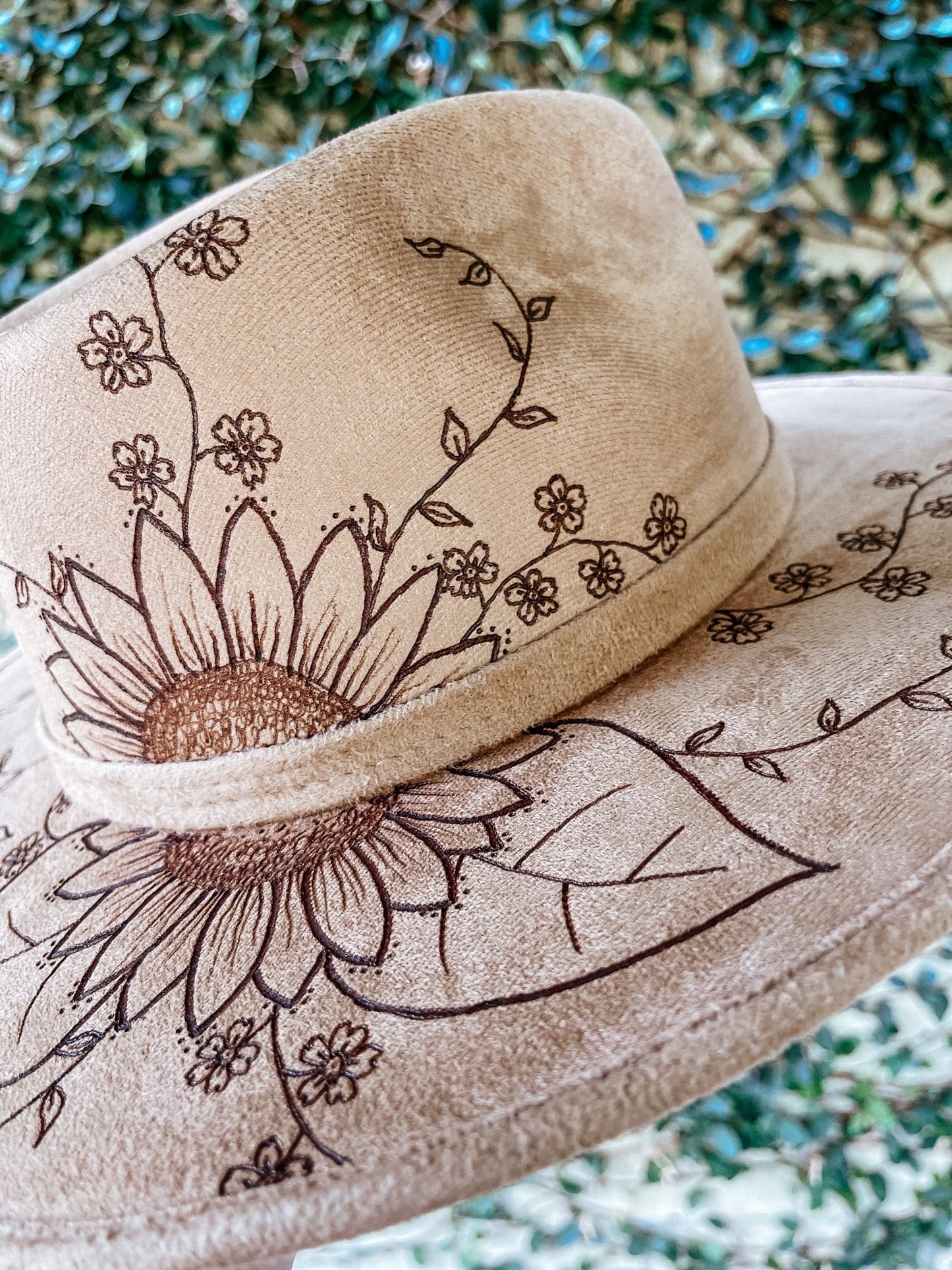 “Sunflower Dreams” – Light Tan Boho Fedora with Hand-Drawn Florals