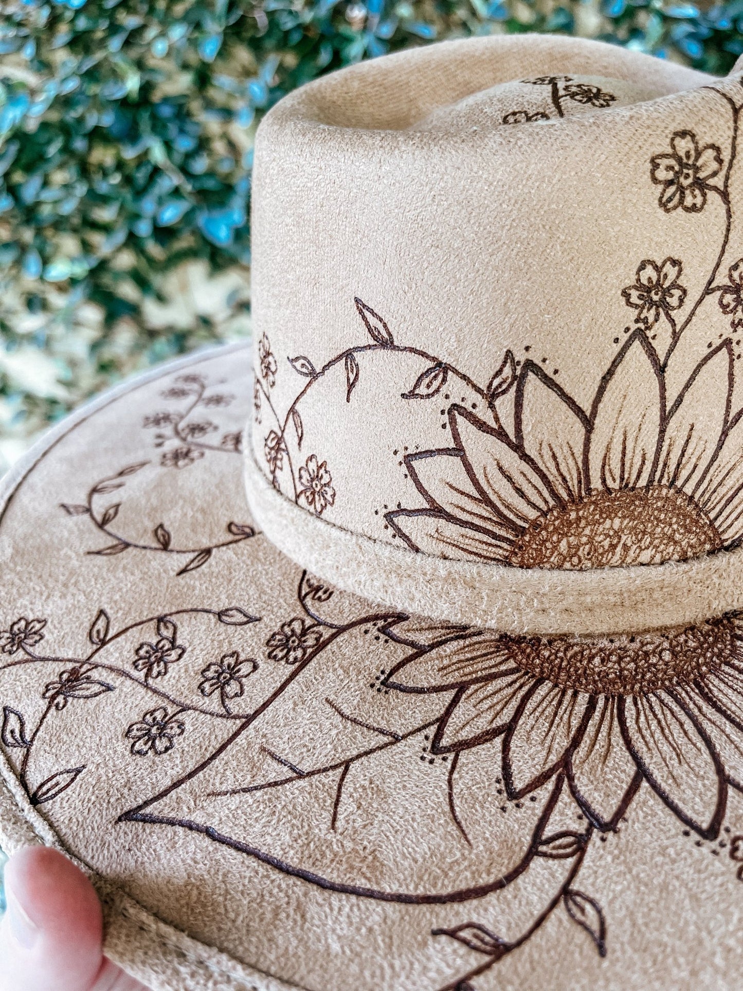 “Sunflower Dreams” – Light Tan Boho Fedora with Hand-Drawn Florals