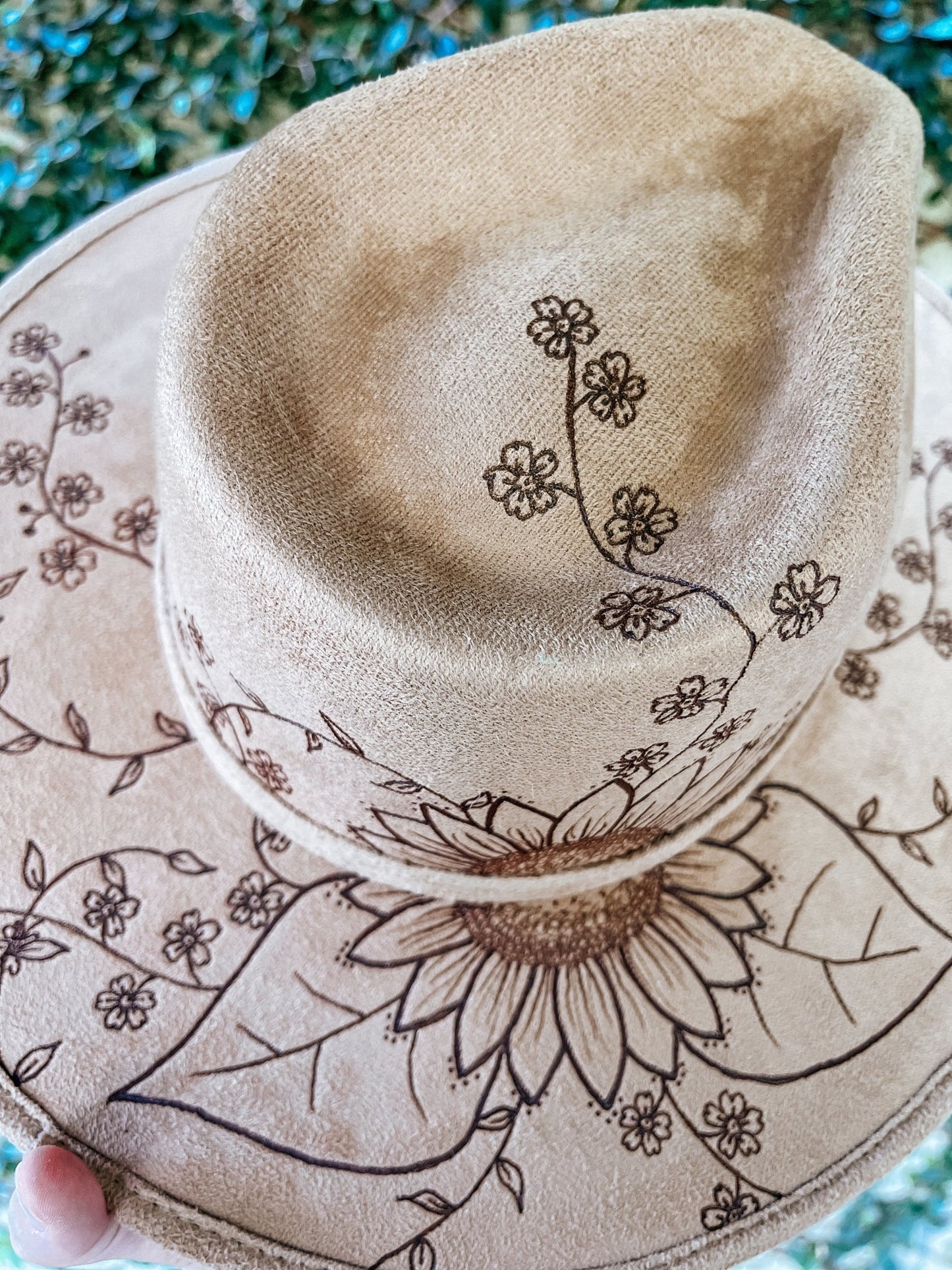 “Sunflower Dreams” – Light Tan Boho Fedora with Hand-Drawn Florals