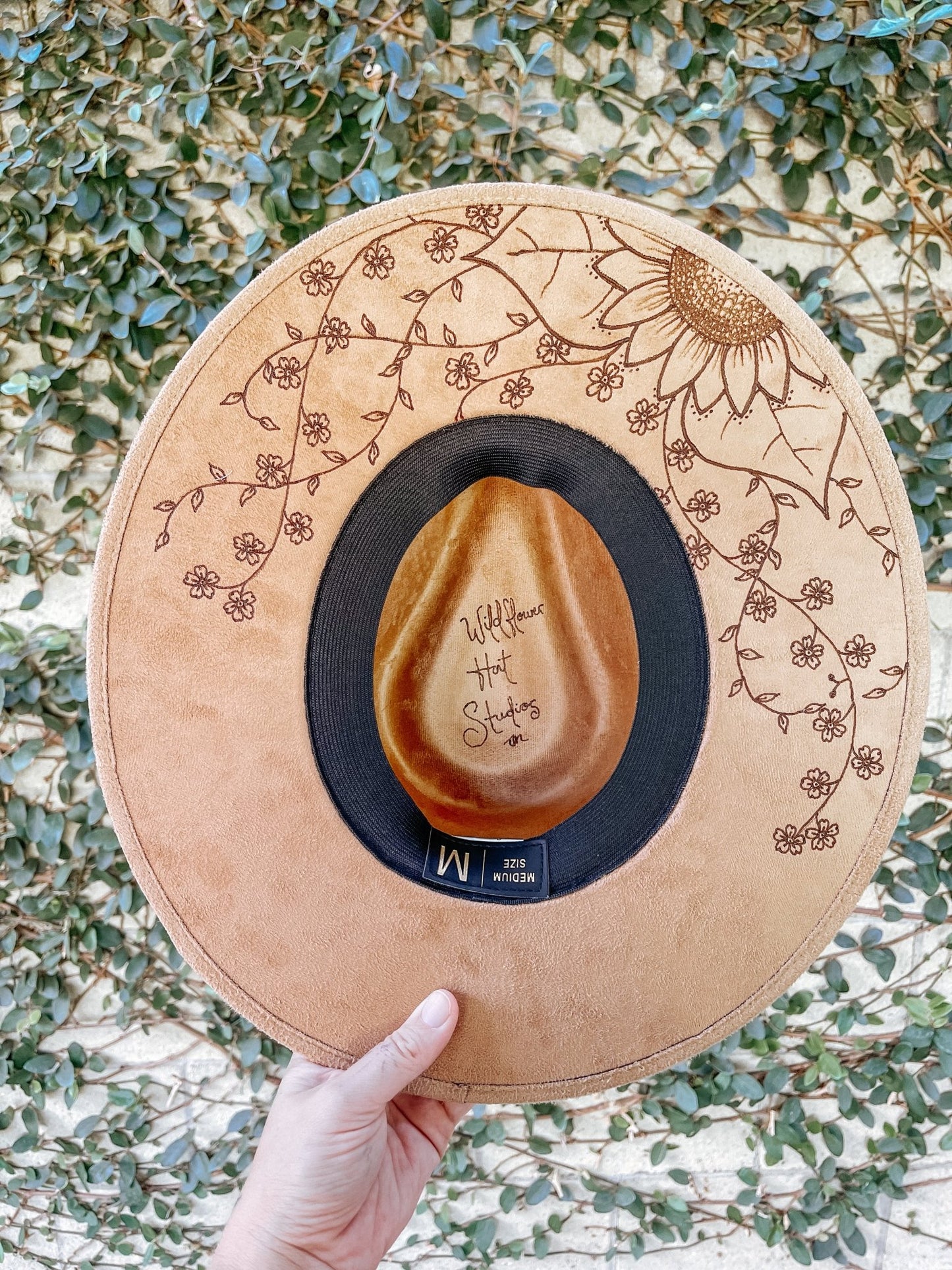 “Sunflower Dreams” – Light Tan Boho Fedora with Hand-Drawn Florals