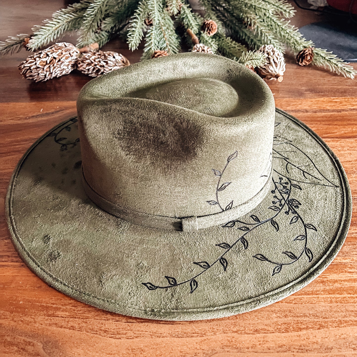 Boho Style Fedora Hat - "Green Poinsettia"