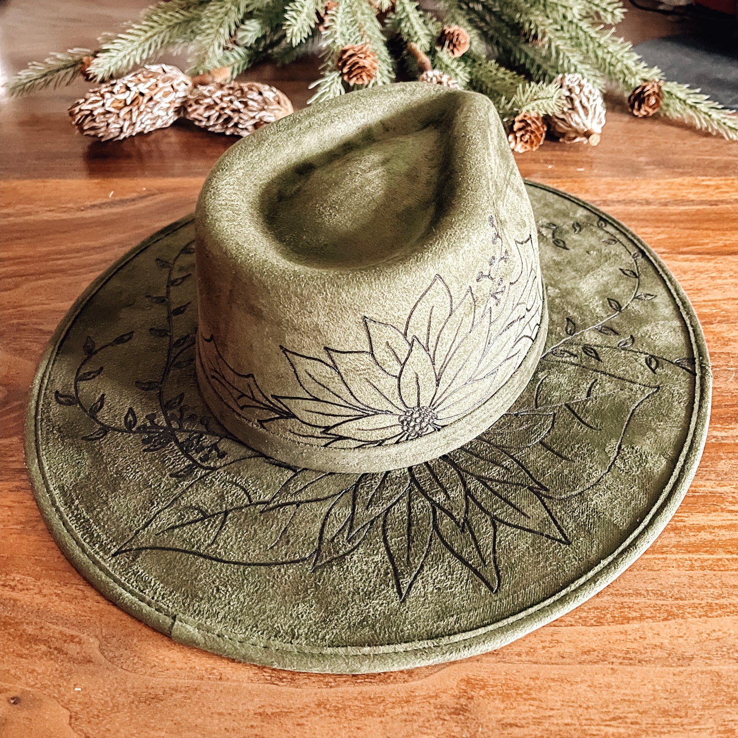 Boho Style Fedora Hat - "Green Poinsettia"